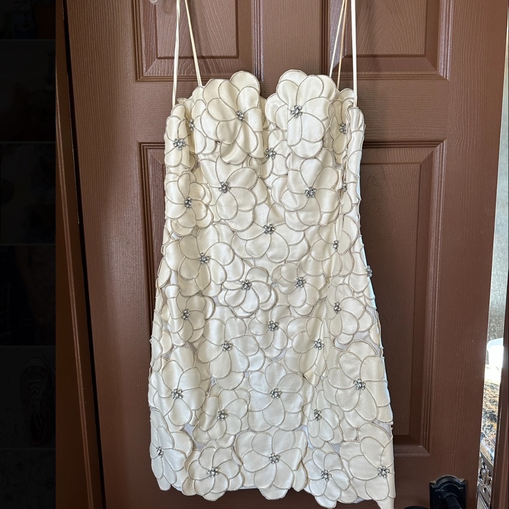 Terani Couture White Leather Flower Mini Dress Size 10